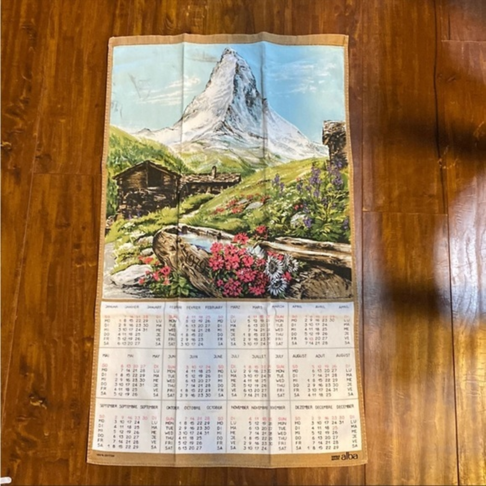 Vintage 1979 Swiss Calendar Tea Towel Matterhorn Mountain Scenic Linen Alba